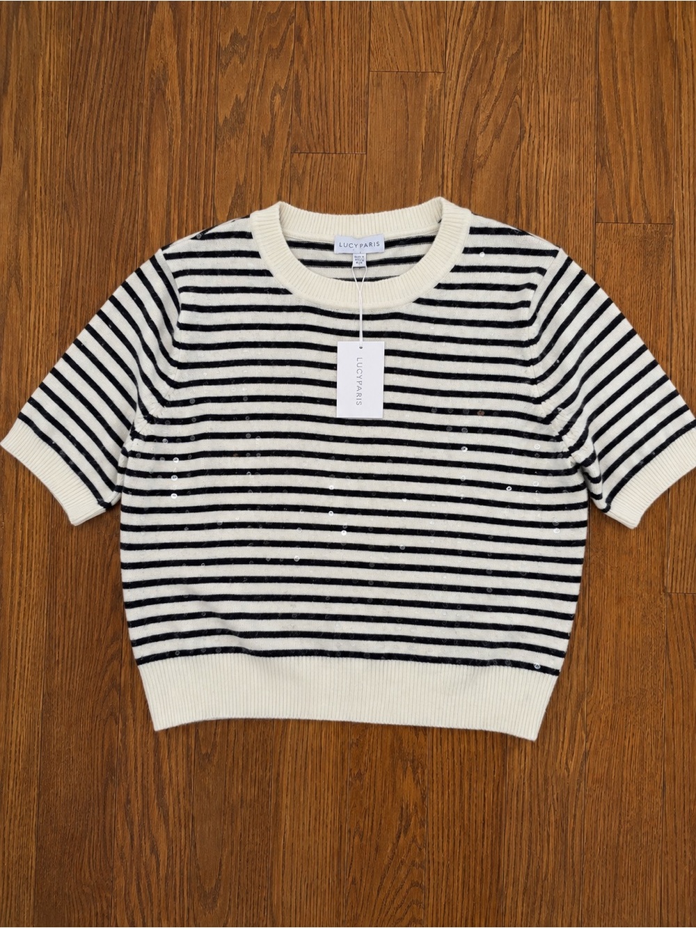 Lucy Paris Black & Cream Striped Short Sleeve Sweater Sz L NWT